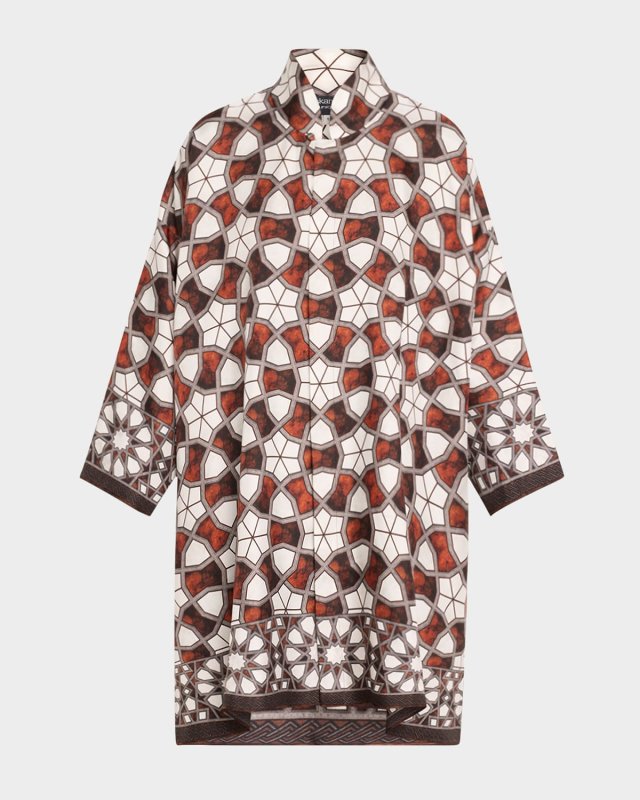 Printed Wide Aline Chinese Collar Shirt (Very Long Length) with Slits
